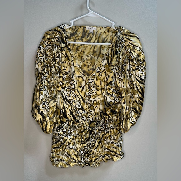 Vintage 1980s Cachè Gold Cheetah Print Silk Dolman Blouse Cinched Waist Women S - Picture 2 of 11